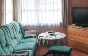 ein Wohnzimmer mit einem Sofa, einem Tisch und einem TV in der Unterkunft Ferienhaus Boitzenburger Land Jakobshagener Str. in Jakobshagen