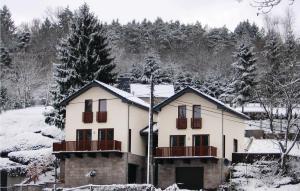 ブルク・ロイラントにあるNice Home In Burg-reuland With 3 Bedrooms, Sauna And Wifiの白い家 雪の中のバルコニー付