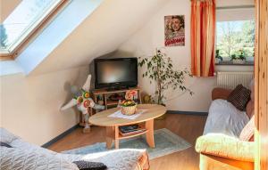 a living room with a tv and a table at Monas Natur-oase in Manderfeld