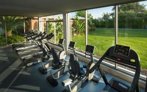 a row of cardio machines in a gym with windows at Titanic Deluxe Lara in Lara