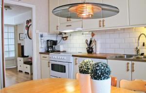 Amazing Home In Lysekil With 4 Bedrooms, Sauna And Wifi في ليسيكيل: مطبخ بدولاب بيضاء وطاولة بالنباتات
