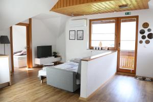 a bedroom with a bed and a television in it at Lusht'n apartma in Žirovnica