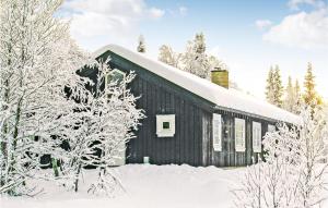 ein schwarzes Gebäude mit Schnee und Bäumen in der Unterkunft Cozy Home In Gl With Sauna in Gålå