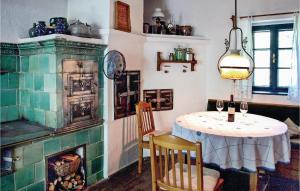 une salle à manger avec une table et une cheminée dans l'établissement Ferienhaus Gerersdorf-gssing, à Gerersdorf bei Güssing