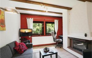 a living room with red walls and a fireplace at Ferienhaus 12 In Thalfang in Thalfang