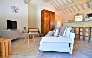 ein Wohnzimmer mit einem weißen Sofa und einem TV in der Unterkunft Amazing Apartment In Vallabregues With Kitchen in Vallabrègues
