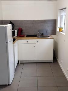 eine Küche mit einer Spüle und einem weißen Kühlschrank in der Unterkunft Appartement en duplex à Hébuterne, avec lave linge in Hébuterne