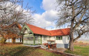 ein Haus mit einem orangenen Dach und einem Picknicktisch in der Unterkunft Kellerstoeckl Suedburgenland in Eisenberg an der Pinka