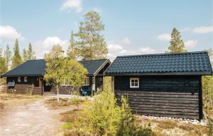 una cabaña con techo negro en el bosque en Awesome Home In Rendalen With House A Mountain View, en Akrestrommen