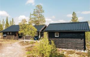 a cabin with a black roof in the woods at Awesome Home In Rendalen With House A Mountain View in Akrestrommen