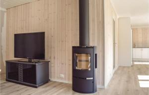 a living room with a fireplace and a tv at Gitlevg in Lyngdal