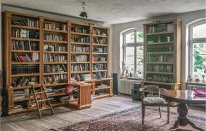 a library with wooden book shelves filled with books at Nice Home In Eichhorst With Kitchen in Friedland