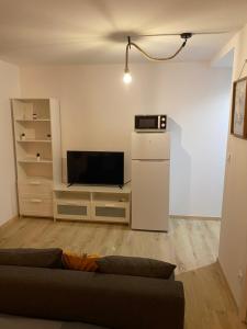 a living room with a couch and a tv at Studio Saint cyprien Plage in Saint-Cyprien