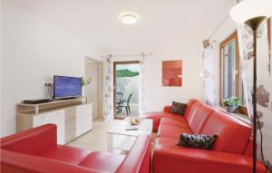 ein Wohnzimmer mit einem roten Sofa und einem TV in der Unterkunft Ferienhaus 14 In Kirchheim in Kemmerode