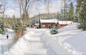 een rood huis met een sneeuwoverdekte tuin met een gebouw bij Awesome Home In Holsljunga With Kitchen in Holsljunga