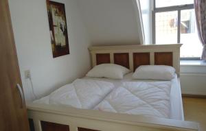 ein weißes Bett in einem Zimmer mit Fenster in der Unterkunft De Eekhof - Appartement 9 in Hindeloopen