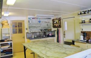 eine Küche mit einer Theke und einem Tisch darin in der Unterkunft Awesome Home In Gräsmark With Sauna in Gräsmark