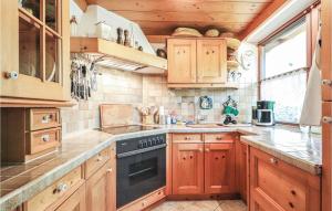 eine Küche mit Holzschränken und einem Herd mit Backofen in der Unterkunft Amazing Home In Mondsee With 3 Bedrooms And Wifi in Mondsee