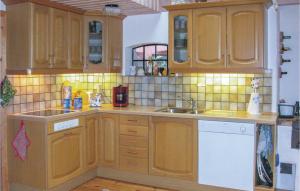 a kitchen with wooden cabinets and a white dishwasher at 3 Bedroom Awesome Home In Degeberga in Degeberga