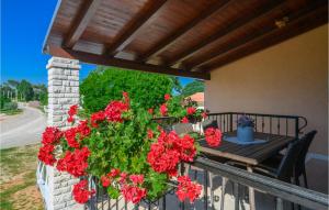 a balcony with a wooden table and red flowers at Holiday Home Dobrani Cr in Rebići +39 photos