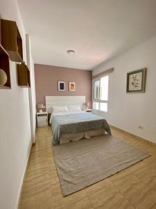 een slaapkamer met een bed en een tapijt bij Casa Paty Fuerteventura in Puerto del Rosario