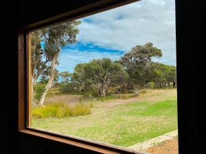 a window with a view of a field with trees at Peacehaven Chalet on the Irwin Inlet in Bow Bridge