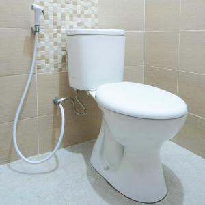 a white toilet in a bathroom with a hose at Djuragan Kamar Ayem in Jetis