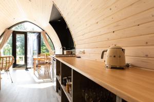 cocina con paneles de madera y tostadora en la encimera en Boomhuis met optioneel wellness - Vakantiepark de Schreiershoek en Dokkum