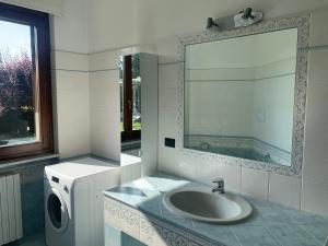 a bathroom with a sink and a mirror and a washing machine at Agriturismo bottega di Rosanna in Castagnole Lanze