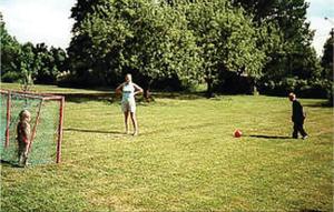 a woman and a man and a dog in a field at Awesome Home In Svärdsjö With Sauna in Vintjärn