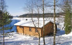 a log cabin in the snow next to a lake at Stunning Home In Gislaved With Wifi in Våthult