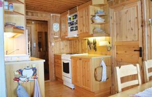 een keuken met houten kasten en een fornuis met oven bij Stunning Home In Sjusjen With Kitchen in Sjusjøen