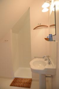 een witte badkamer met een wastafel en een douche bij Gite Le Rouvre in Cour-Cheverny +9 foto's