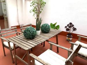 einem Holztisch mit Stühlen und Topfpflanzen darauf in der Unterkunft 2 Apartamento TERRAZA Free Wifi in Valencia