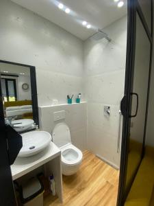 ein Badezimmer mit einem WC, einem Waschbecken und einem Spiegel in der Unterkunft Luxury Apartment in Blloku area in Tirana