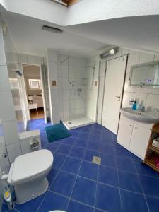 a blue tiled bathroom with a toilet and a sink at Apartman S&D Rogoznica in Rogoznica +23 photos