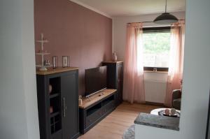een woonkamer met een zwarte kast en een televisie bij Ferienwohnung Kurz "Weinbergblick" in Wertheim
