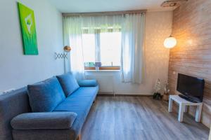 ein Wohnzimmer mit einem blauen Sofa und einem TV in der Unterkunft Huberhof 2 by Alpenidyll Apartments in Schladming