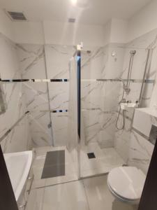 a bathroom with a shower with a toilet and a sink at Micadas Apartamenty in Piaseczno