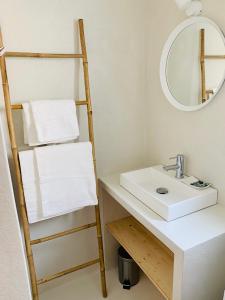 a bathroom with a sink and a shelf with a mirror at APPARTEMENT T2 GUETHARY CENITZ in Guéthary