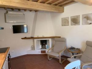 een woonkamer met 2 stoelen en een open haard bij In piazza Casale Marittimo in Casale Marittimo