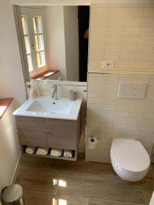 a bathroom with a sink and a toilet and a mirror at In piazza Casale Marittimo in Casale Marittimo +17 photos