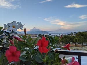 desde un balcón con flores y vistas al océano en SunRise Den, a pie de playa, vista al mar y piscina, en Puerto de Mazarrón