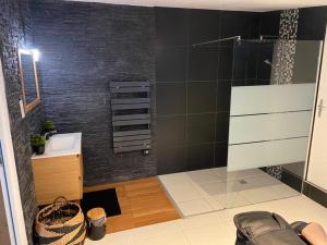 łazienka z prysznicem i umywalką w obiekcie Le Cosily jacuzzi et sauna privatif w mieście Cuvilly
