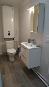 uma casa de banho branca com um WC e um lavatório em Charmant et lumineux logement, au cœur de Cabourg em Cabourg