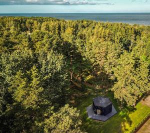 an overhead view of a house in a forest at Serenity House & Sauna on the Coast of Baltic Sea in Lapmežciems