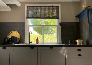 een keuken met een wastafel en een raam bij Appartement Zonderland in Wapenveld