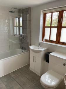 a bathroom with a toilet and a sink and a shower at The Loft at Duffryn Mawr Self Catering Cottages in Hensol