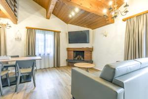 ein Wohnzimmer mit einem Sofa und einem Kamin in der Unterkunft Eiger Apartment in Grindelwald