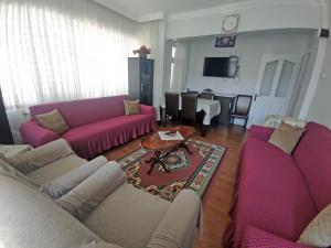 sala de estar con sofás rosados y mesa en GÜVEN PANSİYON, en Amasra